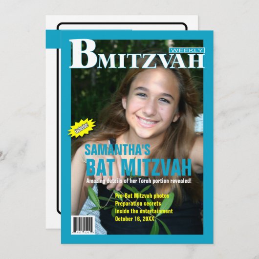 Bat Mitzvah Magazine - Blauwgroen uitnodiging (Voorkant / Achterkant)