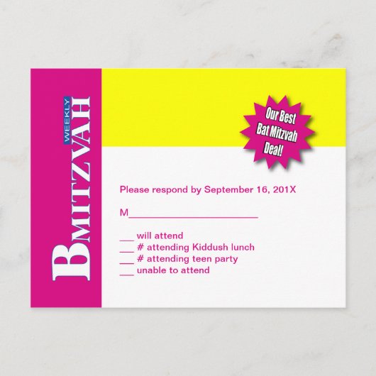 Bat Mitzvah Magazine RSVP Beantwoorden Kaart Geel (Voorkant)