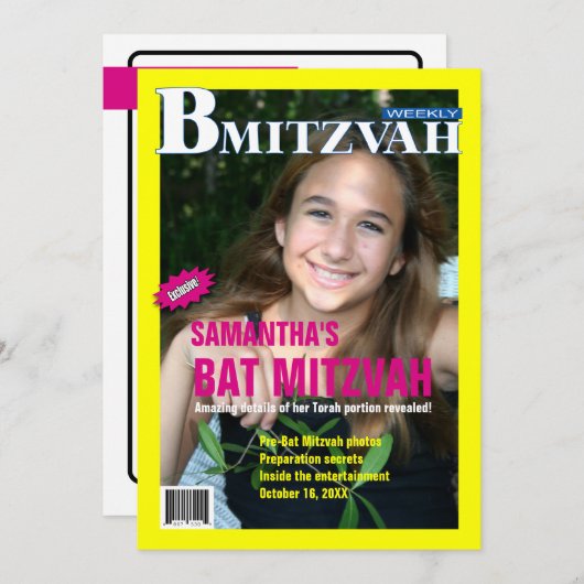 Bat Mitzvah Magazine Uitnodiging - Geel Roze (Voorkant / Achterkant)