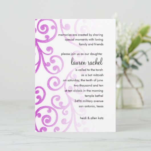 Bat Mitzvah Magenta Roze Scroll Pattern Kaart (Staand voorkant)