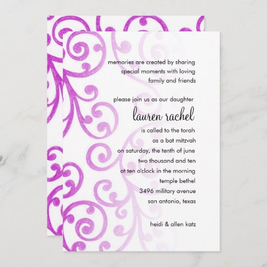Bat Mitzvah Magenta Roze Scroll Pattern Kaart (Voorkant / Achterkant)