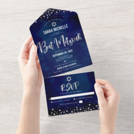 Bat Mitzvah Marine Zilver Glitter Script Modern Ve All In One Uitnodiging
