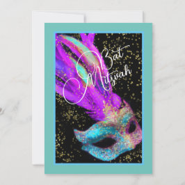 Bat Mitzvah Masquerade Black Pink Blue Invitation Kaart