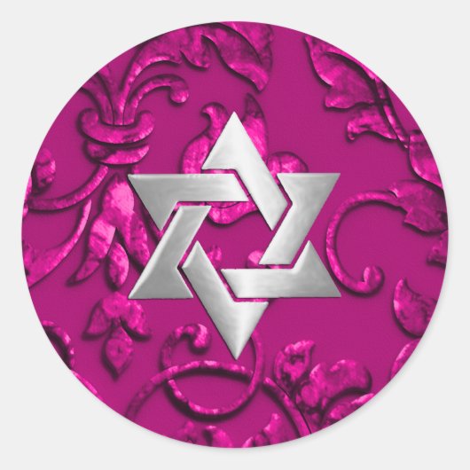 Bat Mitzvah Metallic Embossed Kijk Damask Magenta Ronde Sticker (Voorkant)
