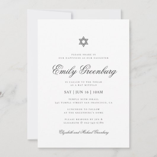 Bat Mitzvah minimalistisch Eenvoudig Klassiek Kaart (Voorkant)