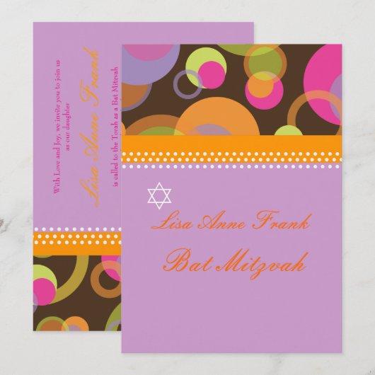 Bat Mitzvah+Mod Bubbles/oranje/warm roze Kaart (Voorkant / Achterkant)