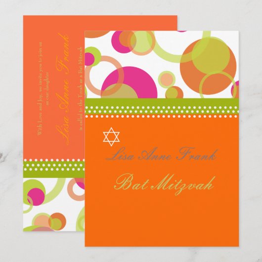 Bat Mitzvah+Mod Bubbles/oranje/warm roze Kaart (Voorkant / Achterkant)