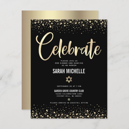 Bat Mitzvah Modern Black Gold Foil Glitter Script Informatiekaartje (Voorkant / Achterkant)