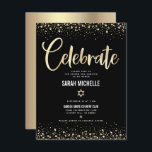 Bat Mitzvah Modern Black Gold Foil Glitter Script Informatiekaartje<br><div class="desc">Wees trots, verheug je en laat deze mijlpaal van je favoriete Bat Mitzvah zien! Voeg dit prachtige, moderne, gepersonaliseerde tussenvoegsel toe voor extra informatie aan uw gebeurtenis. Graphic faux gold folie kalligrafie script, Star of David, en confetti, overlay een rijke, dramatische, zwarte achtergrond. Personaliseer de aangepaste tekst met de naam,...</div>