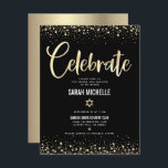 Bat Mitzvah Modern Black Gold Foil Glitter Script Informatiekaartje<br><div class="desc">Wees trots, verheug je en laat deze mijlpaal van je favoriete Bat Mitzvah zien! Voeg dit prachtige, moderne, gepersonaliseerde tussenvoegsel toe voor extra informatie aan uw gebeurtenis. Graphic faux gold folie kalligrafie script, Star of David, en confetti, overlay een rijke, dramatische, zwarte achtergrond. Personaliseer de aangepaste tekst met de naam,...</div>
