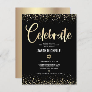 Bat Mitzvah Modern Black Gold Foil Glitter Script Informatiekaartje