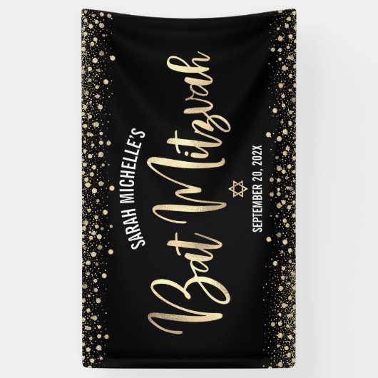 Bat Mitzvah Modern Black Gold Foil Glitter Script Spandoek (Verticaal)