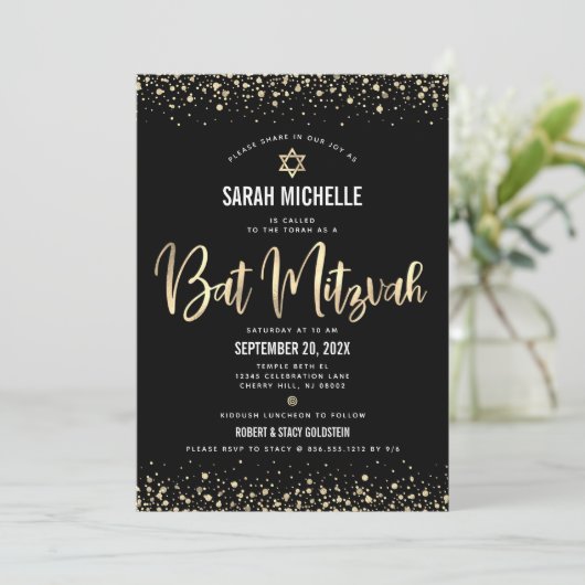 Bat Mitzvah Modern Black Gold Glitter Folie Script Kaart (Staand voorkant)