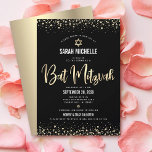 Bat Mitzvah Modern Black Gold Glitter Folie Script Kaart<br><div class="desc">Wees trots, blij en toon deze mijlpaal van je favoriete Bat Mitzvah! Verstuur deze verbluffende, moderne, gesofisticeerde, persoonlijke uitnodiging voor een evenement om het te onthouden. Het grafische faux gouden folie kalligrafische manuscript, Ster van David, en confetti, bekleedt een rijke, dramatische, zwarte achtergrond. Een faux gouden ster van David bedekt...</div>