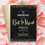 Bat Mitzvah Modern Black Gold Glitter Folie Script Kaart<br><div class="desc">Wees trots, blij en toon deze mijlpaal van je favoriete Bat Mitzvah! Verstuur deze verbluffende, moderne, gesofisticeerde, persoonlijke uitnodiging voor een evenement om het te onthouden. Het grafische faux gouden folie kalligrafische manuscript, Ster van David, en confetti, bekleedt een rijke, dramatische, zwarte achtergrond. Een faux gouden ster van David bedekt...</div>