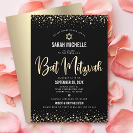 Bat Mitzvah Modern Black Gold Glitter Folie Script Kaart
