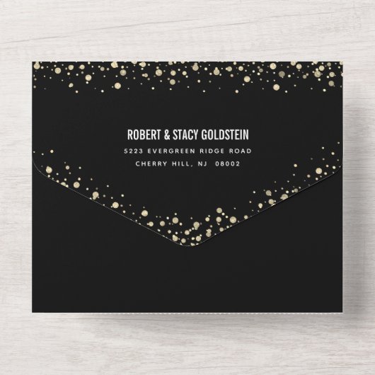 Bat Mitzvah Modern Black Gold Glitter Script Party All In One Uitnodiging (Achterkant)