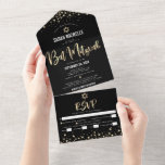 Bat Mitzvah Modern Black Gold Glitter Script Party All In One Uitnodiging<br><div class="desc">Wees trots, verheug je en laat deze mijlpaal van je favoriete Bat Mitswa zien! Stuur deze prachtige, moderne, aangepaste all-in-one uitnodiging voor een evenement om te onthouden. Sprankelend gouden faux folie, glitter stippen en typografie script bedekken een rijke, dramatische, zwarte achtergrond. Dit alles-in-één product is een unieke combinatie van een...</div>