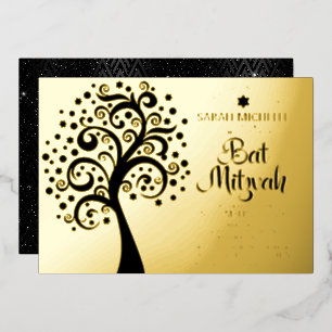 Bat Mitzvah Modern Black Tree Gold Folie Uitnodiging