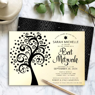 Bat Mitzvah Modern Black Tree Gold Folie Uitnodiging