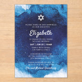 Bat Mitzvah Modern Blue Waterverf Acryl Uitnodigingen (Voorkant)