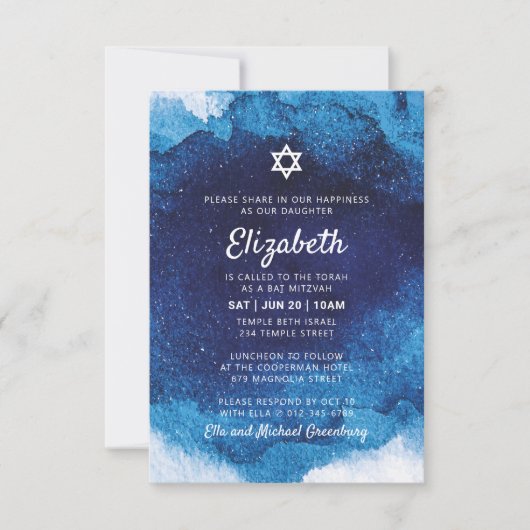 Bat Mitzvah Modern Blue Waterverf Kaart (Voorkant)