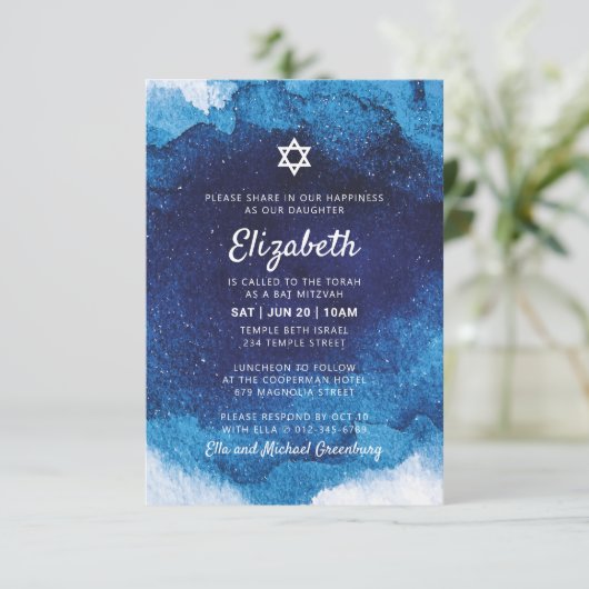 Bat Mitzvah Modern Blue Waterverf Kaart (Staand voorkant)