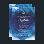 Bat Mitzvah Modern Blue Waterverf Kaart<br><div class="desc">Bestaat uit een afspeelbaar script en serif typografie; Allemaal tegen een achtergrond van een blauwe achtergrond van de waterverf. Dit wordt ontworpen door de Uitgezochte Leveringen van de Partij,  exclusief voor Zazzle. Hier te vinden op: http://www.zazzle.com/selectpartysupplies</div>