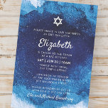 Bat Mitzvah Modern Blue Waterverf Kaart<br><div class="desc">Bestaat uit een afspeelbaar script en serif typografie; Allemaal tegen een achtergrond van een blauwe achtergrond van de waterverf. Dit wordt ontworpen door de Uitgezochte Leveringen van de Partij,  exclusief voor Zazzle. Hier te vinden op: http://www.zazzle.com/selectpartysupplies</div>