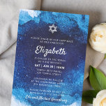Bat Mitzvah Modern Blue Waterverf Kaart<br><div class="desc">Bestaat uit een afspeelbaar script en serif typografie; Allemaal tegen een achtergrond van een blauwe achtergrond van de waterverf. Dit wordt ontworpen door de Uitgezochte Leveringen van de Partij,  exclusief voor Zazzle. Hier te vinden op: http://www.zazzle.com/selectpartysupplies</div>