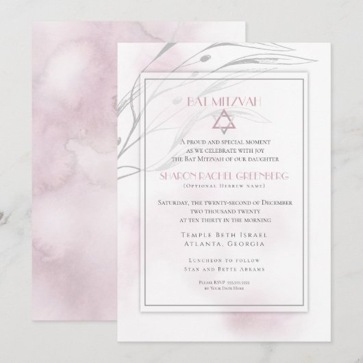 Bat Mitzvah Modern Blush Pink Waterverf Splash Kaart (Voorkant / Achterkant)