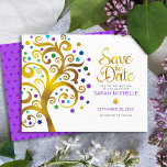Bat Mitzvah Modern Bold Paarse Gold Tree of Life Save The Date<br><div class="desc">Zorg ervoor dat al je vrienden en familieleden de mijlpaal van je dochter Bat Mitzvah kunnen vieren! Stuur deze prachtige, grafisch faux gouden folie met fonkelende turquoise, blauwgroen, paarse en blauwe davidster en stip "bladeren" op een witte achtergrond, gepersonaliseerde "Save the Date" aankondigingskaart. Een piepkleine, donkere paarse davidster die lichter...</div>