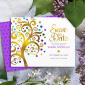 Bat Mitzvah Modern Bold Paarse Gold Tree of Life Save The Date