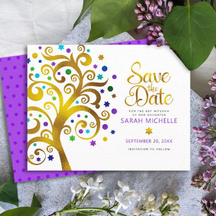 Bat Mitzvah Modern Bold Paarse Gold Tree of Life Save The Date