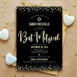 Bat Mitzvah Modern Bold Script Black Real Gold Folie Uitnodiging<br><div class="desc">Wees trots, blij en toon deze mijlpaal van je favoriete Bat Mitzvah! Verstuur deze verbluffende, moderne, gesofisticeerde, persoonlijke uitnodiging voor een evenement om het te onthouden. Het grafische echte de calligrafische manuscript van de goudfolie, gewaagd type, Ster van David, en confetti bekleedt een rijke, dramatische, zwarte achtergrond. Een faux gouden...</div>