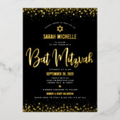 Bat Mitzvah Modern Bold Script Black Real Gold Folie Uitnodiging (Voorkant)