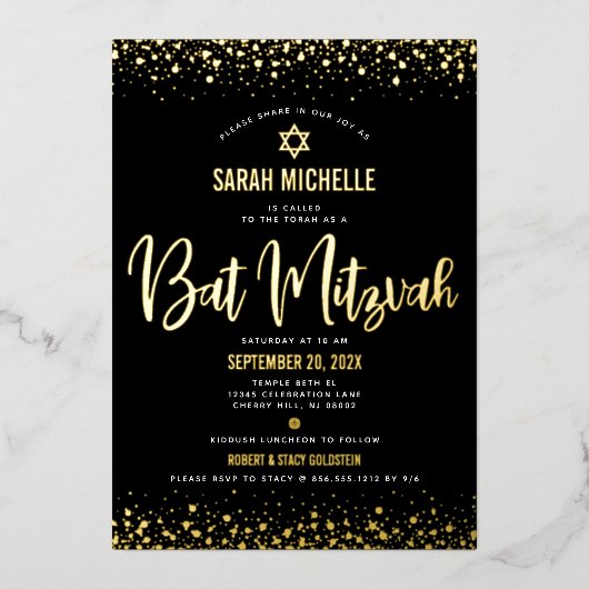 Bat Mitzvah Modern Bold Script Black Real Gold Folie Uitnodiging (Voorkant)