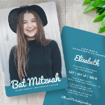Bat Mitzvah Modern Custom Photo Kaart<br><div class="desc">This design is composed of playful cursive script countered by simple san serif typography. This design is modern and simple. Add photo image.

Available here:
http://www.zazzle.com/store/selectpartysupplies</div>