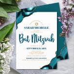 Bat Mitzvah Modern Eenvoudig Turquoise Agaat Scrip Kaart<br><div class="desc">Wees trots, verheug je en laat deze mijlpaal van je favoriete Bat Mitzvah zien! Stuur deze coole, unieke, moderne, gepersonaliseerde uitnodiging voor een evenement om te onthouden. Donker blauwgroen blauw schrift typografie en faux gold Star of David overlay eenvoudige, schone witte achtergrond met turquoise blauw agaat geaccentueerd met faux gouden...</div>