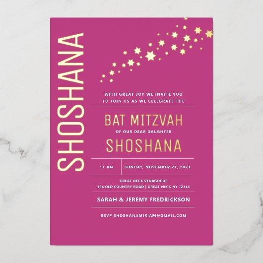 Bat Mitzvah Modern Elegant REAL GOLD Folie Uitnodiging (Voorkant)