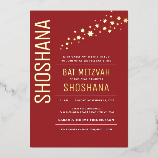 Bat Mitzvah Modern Elegant REAL GOLD Folie Uitnodiging (Voorkant)