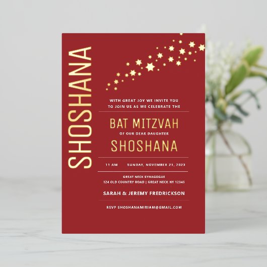 Bat Mitzvah Modern Elegant REAL GOLD Folie Uitnodiging (Staand Voorkant)