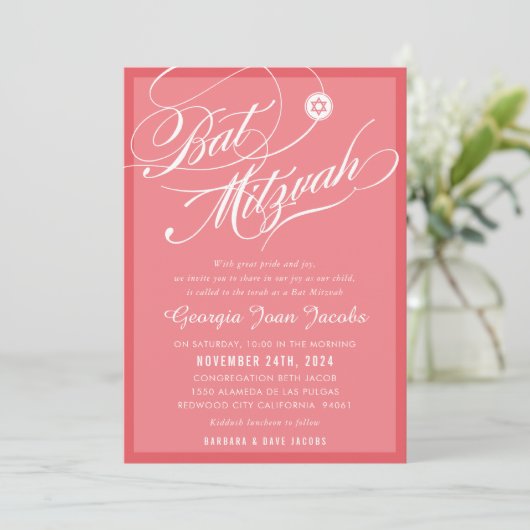 BAT MITZVAH modern elegant script flamingo roze Kaart (Staand voorkant)