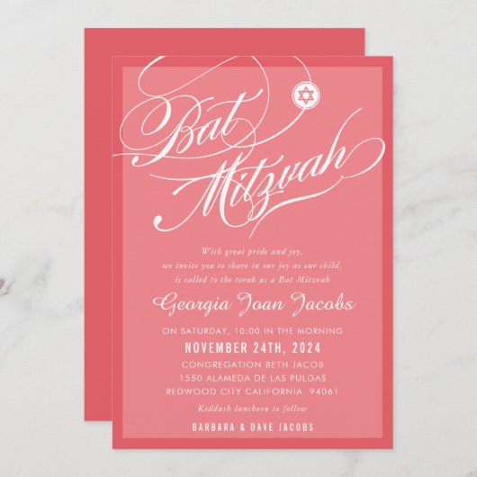 BAT MITZVAH modern elegant script flamingo roze Kaart (Voorkant / Achterkant)