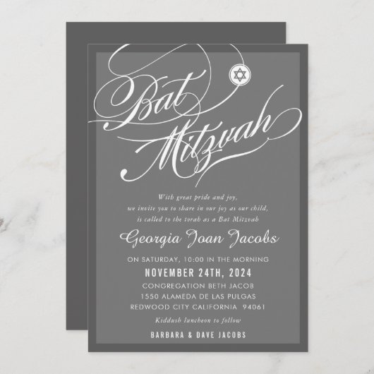 BAT MITZVAH modern elegant script hollywood grijs Kaart (Voorkant / Achterkant)