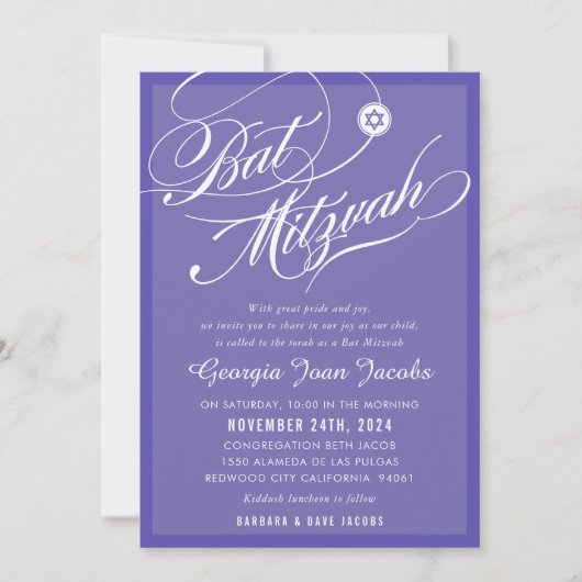 BAT MITZVAH Modern Elegant Script Lavendel paarse Kaart (Voorkant)