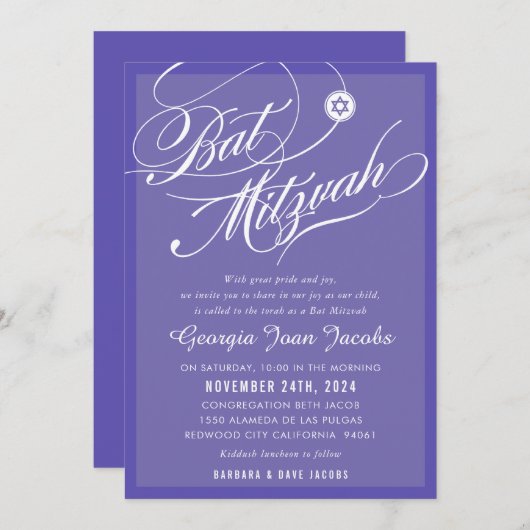 BAT MITZVAH Modern Elegant Script Lavendel paarse Kaart (Voorkant / Achterkant)