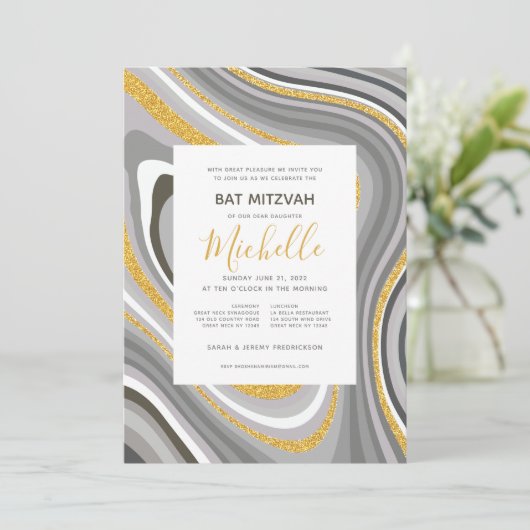 Bat Mitzvah Modern Glitter Agate Invitation Kaart (Staand voorkant)
