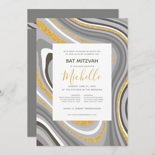 Bat Mitzvah Modern Glitter Agate Invitation Kaart (Voorkant / Achterkant)