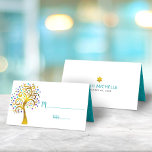 Bat Mitzvah Modern Gold en Blauwgroen Folie Tree o Plaatskaartje<br><div class="desc">Geen Bat Mitzvah partij is volledig zonder gepersonaliseerde plaatskaarten. Laat je favoriete Bat Mitzvah trots zijn, blij en vieren haar mijlpaal op haar perfect gecoördineerde feest. Deze verfijnde, chic, verbluffend, grafische faux gouden folie boom met dunne paarse, turquoise, blauwgroen en blauwe Star van David en puntige "bladeren" en blauwgroen scripttypografie...</div>
